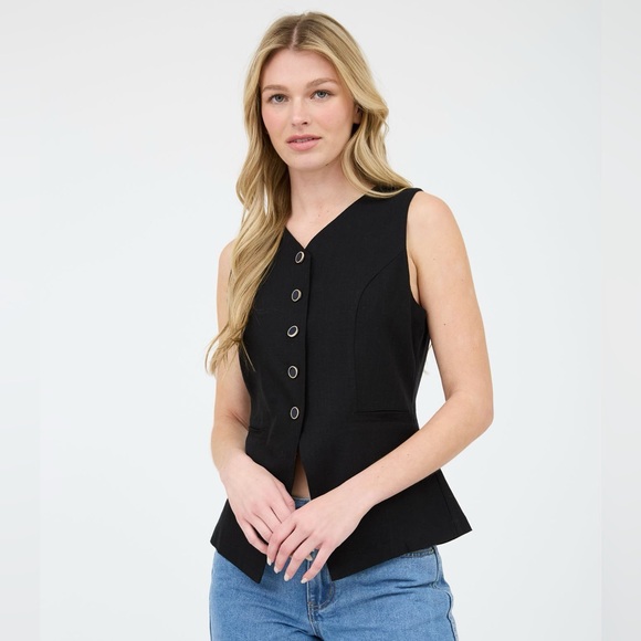 Blu Pepper Jackets & Blazers - Blu Pepper/The Workshop Black Button Down Long Lined Linen Vest